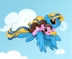 Size: 1584x1296 | Tagged: safe, artist:zoidledoidle, oc, oc only, pegasus, pony, cloud, female, filly, flying, happy, ponies riding ponies, riding, smiling