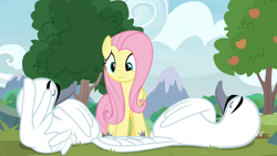 Size: 1280x720 | Tagged: safe, derpibooru import, screencap, fluttershy, bird, pegasus, pony, swan, memnagerie, spoiler:memnagerie, spoiler:mlp friendship is forever, apple, apple tree, eyes closed, female, frown, lazy, mare, raised eyebrow, solo, tree, worried