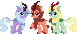 Size: 3307x1500 | Tagged: safe, artist:cloudyglow, dear darling, fond feather, swoon song, kirin, bimbettes, female, kirin-ified, lidded eyes, looking at you, raised hoof, simple background, smiling, smiling at you, solo, species swap, transparent background, trio, trio female