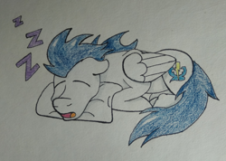 Size: 1500x1067 | Tagged: safe, artist:augjodo, soarin', pegasus, pony, backwards cutie mark, male, onomatopoeia, pillow, sleeping, sound effects, stallion, traditional art, zzz