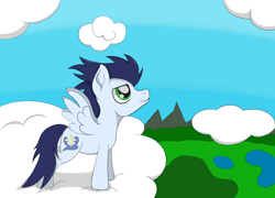 Size: 2000x1443 | Tagged: safe, artist:augjodo, soarin', pony, digital art, male, sky, stallion