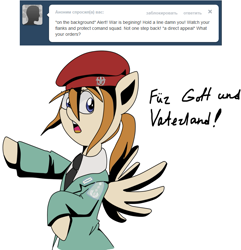 Size: 767x797 | Tagged: safe, artist:askponybrandenburg, pegasus, pony, ask, beret, brandenburg, clothes, female, german, hat, hetalia, mare, necktie, ponified, raised hoof