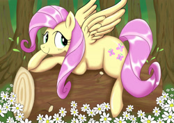 Size: 3508x2480 | Tagged: safe, artist:neoshrek, derpibooru import, fluttershy, pegasus, pony, flower, forest, log, prone, solo, tree