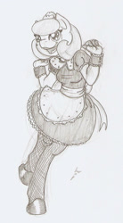 Size: 666x1203 | Tagged: safe, artist:ravenpuff, oc, oc:pristine polish, anthro, earth pony, unguligrade anthro, clothes, female, maid, mare, monochrome, solo, traditional art