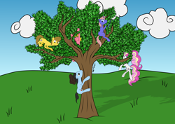 Size: 3508x2480 | Tagged: safe, artist:onlymeequestrian, oc, oc only, oc:brightfull flux, oc:firebrave trustful, oc:vankat v, earth pony, pony, unicorn, tree