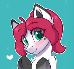 Size: 2136x2000 | Tagged: artist needed, safe, oc, earth pony, pony, blushing, bust, ear fluff, earth pony oc, female, frog (hoof), heart, mare, pinkerry, smiling, solo, underhoof