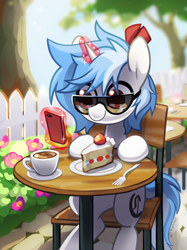 Size: 560x748 | Tagged: safe, artist:dawnfire, oc, oc only, oc:clairvoyance, pony, unicorn, cake, coffee, fence, food, fork, phone, solo, sunglasses, table
