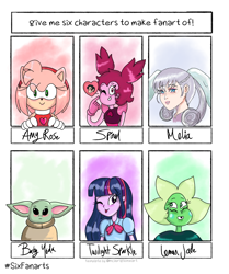 Size: 1004x1200 | Tagged: safe, artist:990110, twilight sparkle, anthro, :p, amy rose, baby yoda, bust, clothes, crossover, eyelashes, lemon jade (steven universe), melia antiqua, one eye closed, six fanarts, smiling, sonic the hedgehog (series), spinel (steven universe), steven universe, the mandalorian, tongue out, wink