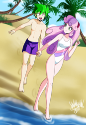 Size: 3120x4500 | Tagged: safe, artist:danmakuman, spike, sweetie belle, human, barefoot, beach, clothes, commission, feet, female, humanized, male, one-piece swimsuit, sand, shipping, spikebelle, straight, swimsuit, tree, water