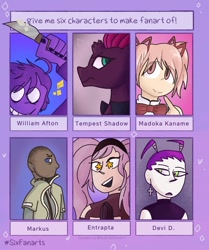 Size: 857x1024 | Tagged: safe, artist:luxaaj, tempest shadow, human, pony, unicorn, :d, bowtie, broken horn, bust, clothes, crossover, dark skin, detroit: become human, female, five nights at freddy's, horn, knife, madoka kaname, magical girl, male, mare, puella magi madoka magica, she-ra, six fanarts, smiling, starry eyes, white eyes, william afton, wingding eyes