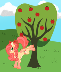 Size: 2776x3260 | Tagged: safe, artist:crazysketch101, oc, oc only, oc:fugi, earth pony, pony, apple, apple tree, applebucking, solo, tree