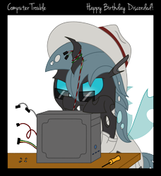 Size: 2100x2300 | Tagged: safe, artist:djdavid98, oc, oc only, oc:carbon copy, changeling, pony, birthday gift, border, cable, changeling oc, clothes, colored lineart, computer, glasses, hat, horn, screwdriver, screws, simple background, solo, table, text, transparent background, wings