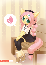 Size: 1000x1407 | Tagged: safe, artist:howxu, derpibooru import, fluttershy, anthro, alternate hairstyle, bench, cute, female, hairpin, heart, looking at you, shyabetes, sitting, solo, speech bubble