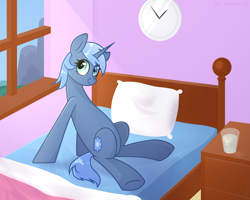 Size: 1000x800 | Tagged: safe, artist:hi_im_cranberry, oc, oc only, oc:paamayim nekudotayim, pony, unicorn, bed, clock, commission, drawer, glass, glass of water, indoors, mountain, pillow, room, sky, solo, window, ych result