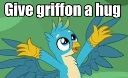 Size: 332x204 | Tagged: safe, edit, edited screencap, screencap, gallus, griffon, what lies beneath, arms in the air, arms spread out, bronybait, caption, chest fluff, claws, cropped, cute, gallabetes, hug request, image macro, male, meme, smiling, solo, spread wings, text, wings