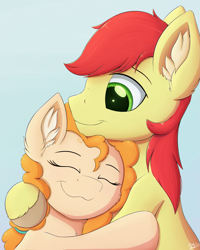 Size: 1589x1985 | Tagged: safe, artist:arcane-thunder, bright mac, pear butter, earth pony, pony, atg 2020, brightabetes, brightbutter, cheek fluff, chest fluff, cute, ear fluff, eyes closed, female, gradient background, hug, male, mare, newbie artist training grounds, pearabetes, shipping, simple background, smiling, stallion, straight