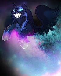 Size: 1080x1350 | Tagged: safe, artist:petal_quartz, nightmare moon, alicorn, pony, female, flying, grin, helmet, hoof shoes, mare, sharp teeth, smiling, solo, space, teeth