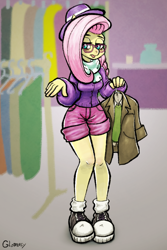 Size: 640x960 | Tagged: safe, artist:glomasy, derpibooru import, fluttershy, anthro, pegasus, plantigrade anthro, fake it 'til you make it, alternate hairstyle, boutique, clothes, converse, female, glasses, hat, hipster, hipstershy, shoes, solo