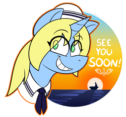 Size: 1403x1307 | Tagged: safe, artist:mynder, oc, oc:art's desire, unicorn, female, mare, sailor uniform, simple background, smiling, sunset, transparent background, uniform