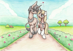 Size: 2446x1709 | Tagged: safe, artist:serenepony, oc, oc:serene tone, oc:sweetheart, donkey, hybrid, pony, unicorn, clothes, couple, donkeycorn, female, looking at each other, male, mare, scarf, smiling, stallion, traditional art, tube scarf, walking, walking together