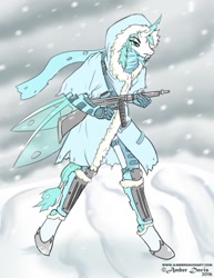 Size: 989x1280 | Tagged: safe, artist:sonicsweeti, oc, oc only, oc:seppen, anthro, changeling, unguligrade anthro, blizzard, clothes, commission, digital art, fangs, gun, horn, ice changeling, male, snow, snowfall, solo, tail, tommy gun, weapon, wings, winter