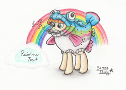 Size: 1847x1325 | Tagged: safe, artist:serenepony, pony, rainbow roadtrip, clothes, costume, harmonica, male, musical instrument, rainbow, rainbow trout, rainbow trout (character), simple background, smiling, solo, stallion, traditional art