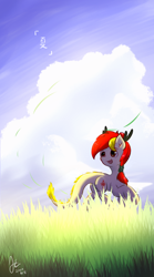 Size: 500x900 | Tagged: safe, artist:jerryenderby, oc, oc only, oc:kina hua, dragon, hybrid, longma, pony, antlers, china, chinese, cloud, dragon tail, eastern dragon, fangs, grass, grass field, hair bun, hairband, looking back, nation ponies, ponified, raised hoof, raised leg, raised tail, scenery, sky, smiling, solo, tail