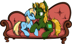 Size: 2094x1271 | Tagged: safe, artist:shadow blaze, oc, oc only, oc:dravakiirm, oc:skydreams, pony, unicorn, female, male, mare, simple background, snuggling, sofa, stallion, transparent background