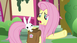 Size: 1920x1080 | Tagged: safe, derpibooru import, screencap, angel bunny, fluttershy, pegasus, pony, rabbit, she talks to angel, animal, bag, duo, female, male, mare, messy mane, open mouth, raised hoof, saddle bag