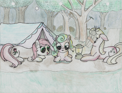 Size: 1000x767 | Tagged: safe, artist:kody02, daisy, flower wishes, lily, lily valley, roseluck, oc, oc:fluffy the bringer of darkness, insect, moth, worm, forest, lantern, moon, night, tent, traditional art, tree