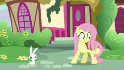 Size: 1920x1080 | Tagged: safe, derpibooru import, screencap, angel bunny, fluttershy, pegasus, pony, rabbit, she talks to angel, animal, bag, duo, female, male, mare, messy mane, saddle bag