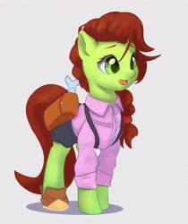 Size: 2462x2925 | Tagged: safe, artist:drafthoof, oc, oc only, oc:oil drop, earth pony, pony, bag, boots, braid, clothes, female, mare, saddle bag, shirt, shoes, shorts, simple background, solo, wrench