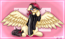 Size: 5761x3507 | Tagged: artist needed, safe, oc, oc only, oc:porsche speedwings, pegasus, pony, adidas, adidas tracksuit, blushing, cel shading, clothes, cute, floppy ears, hoodie, hoof on face, male, pegasus oc, pomf, shading, simple background, sitting, solo, spread wings, stallion, surprised, tracksuit, wingboner, wings