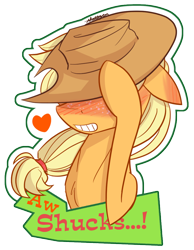 Size: 800x1030 | Tagged: safe, artist:thattagen, derpibooru import, applejack, earth pony, pony, blushing, cute, embarrassed, female, floppy ears, hat tip, heart, hidden eyes, mare, simple background, smiling, solo, transparent background