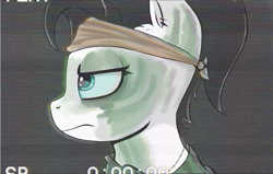 Size: 1060x675 | Tagged: safe, artist:waffletheheadmare, oc, oc only, oc:wafflehead, angry, bandage, bandana, black hair, blue eyes, bust, clothes, ear piercing, eyelashes, face paint, female, hair tie, jewelry, mare, necklace, piercing, portrait, shirt, simple background, soldier, vhs, vietnam war, white coat