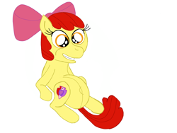 Size: 2048x1536 | Tagged: safe, artist:darkyboode32, apple bloom, earth pony, pony, apple bloom's bow, belly, belly button, bow, female, hair bow, on back, simple background, smiling, solo, white background