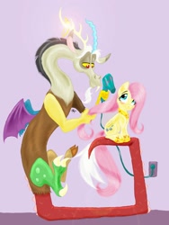 Size: 1800x2400 | Tagged: safe, artist:pinstriped-pajamas, derpibooru import, discord, fluttershy, draconequus, pegasus, pony, blushing, discoshy, female, folded wings, hair dryer, hair styling, hoof shoes, indoors, jewelry, looking at each other, male, mane styling, mare, peytral, princess fluttershy, regalia, shipping, sitting, smiling, straight, wall socket, wings