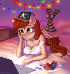 Size: 1900x2000 | Tagged: safe, artist:hakaina, oc, oc only, oc:vanilla creame, anthro, pegasus, baseball cap, bed, breasts, candy, cap, clothes, computer, dim room, female, food, hat, laptop computer, oakland athletics, relaxing, socks, solo, striped socks, tanktop