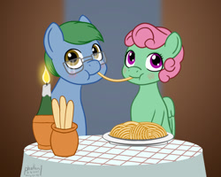 Size: 1000x800 | Tagged: safe, artist:phallen1, oc, oc only, oc:software patch, oc:windcatcher, earth pony, pegasus, pony, atg 2020, blushing, breadsticks, candle, cute, food, glasses, lady and the tramp, newbie artist training grounds, parody, pasta, scene parody, spaghetti, tablecloth, windpatch