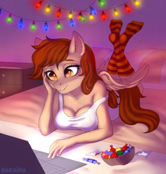 Size: 1900x2000 | Tagged: safe, artist:hakaina, oc, oc only, oc:vanilla creame, anthro, pegasus, bed, bowl, candy, clothes, computer, dim room, drawer, food, laptop computer, lights, lying on bed, on bed, relaxing, socks, striped socks