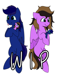 Size: 1280x1707 | Tagged: safe, artist:jellysiek, oc, oc only, original species, pegasus, pony, body pillow, duo, female, male, mare, plush pony, plushie, simple background, stallion, tongue out, transparent background, wip