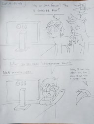 Size: 1660x2168 | Tagged: safe, artist:sketchwork_gd_inuk, gallus, sandbar, earth pony, griffon, pony, 2 panel comic, comic, computer, dialogue, floppy ears, gallus is not amused, programmer humor, programming, table, traditional art, unamused