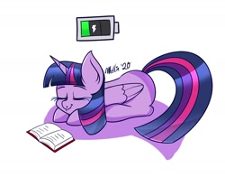 Size: 1400x1100 | Tagged: safe, artist:melliedraws, twilight sparkle, twilight sparkle (alicorn), alicorn, pony, battery, book, charging, eyes closed, female, lying down, mare, newbie artist training grounds, open book, simple background, sleeping, smiling, solo, white background