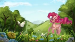 Size: 2500x1406 | Tagged: safe, artist:enderselyatdark, derpibooru import, pinkie pie, butterfly, earth pony, pony, cute, diapinkes, eyes closed, female, flower, forest, grass, hill, jumping, open mouth, pronking, scenery, solo, tree