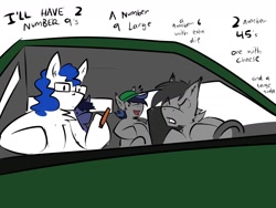 Size: 1600x1200 | Tagged: safe, artist:arrwulf, oc, oc only, oc:constella kino, oc:echo, oc:halfmoon, oc:shuu, bat pony, pony, bat pony oc, bat wings, big smoke, car, carl johnson, drive thru, fangs, female, glasses, grand theft auto, group, gta san andreas, hat, male, mare, order, reference, ryder, simple background, spread wings, stallion, text, unamused, white background, wings