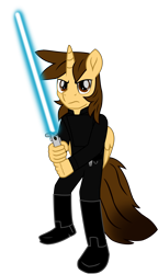 Size: 7043x12247 | Tagged: safe, alternate version, artist:ejlightning007arts, oc, oc only, oc:ej, alicorn, anthro, alicorn oc, angry, anthro oc, clothes, costume, crossover, horn, jedi, lightsaber, male, serious, serious face, simple background, stallion, star wars, transparent background, vector, weapon, wings