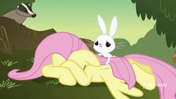 Size: 1280x720 | Tagged: safe, derpibooru import, screencap, angel bunny, fluttershy, badger, pegasus, pony, hurricane fluttershy, 9now, crying