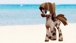 Size: 995x560 | Tagged: safe, artist:electedpony, artist:electrum18, oc, oc only, oc:lighting zap, pony, zebra, 3d, beach, blender, blender cycles, blue eyes, contrast, curly, dreadlocks, ear piercing, earring, jewelry, looking at something, male, ocean, one hoof raised, piercing, raised hoof, sand, smiling, solo, stallion, stripes, water, zebra oc