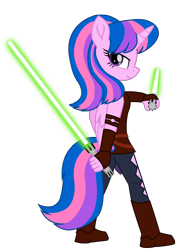 Size: 7594x10058 | Tagged: safe, artist:ejlightning007arts, oc, oc only, oc:hsu amity, alicorn, anthro, ahsoka tano, alicorn oc, anthro oc, clothes, costume, crossover, dual wield, horn, jedi, lightsaber, looking back, simple background, star wars, transparent background, vector, weapon, wings