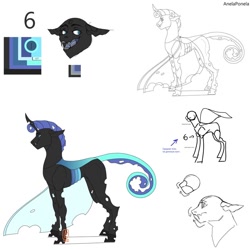 Size: 1024x1024 | Tagged: safe, artist:anelaponela, oc, changeling, changeling queen, blue changeling, changeling queen oc, female, redesign, reference sheet